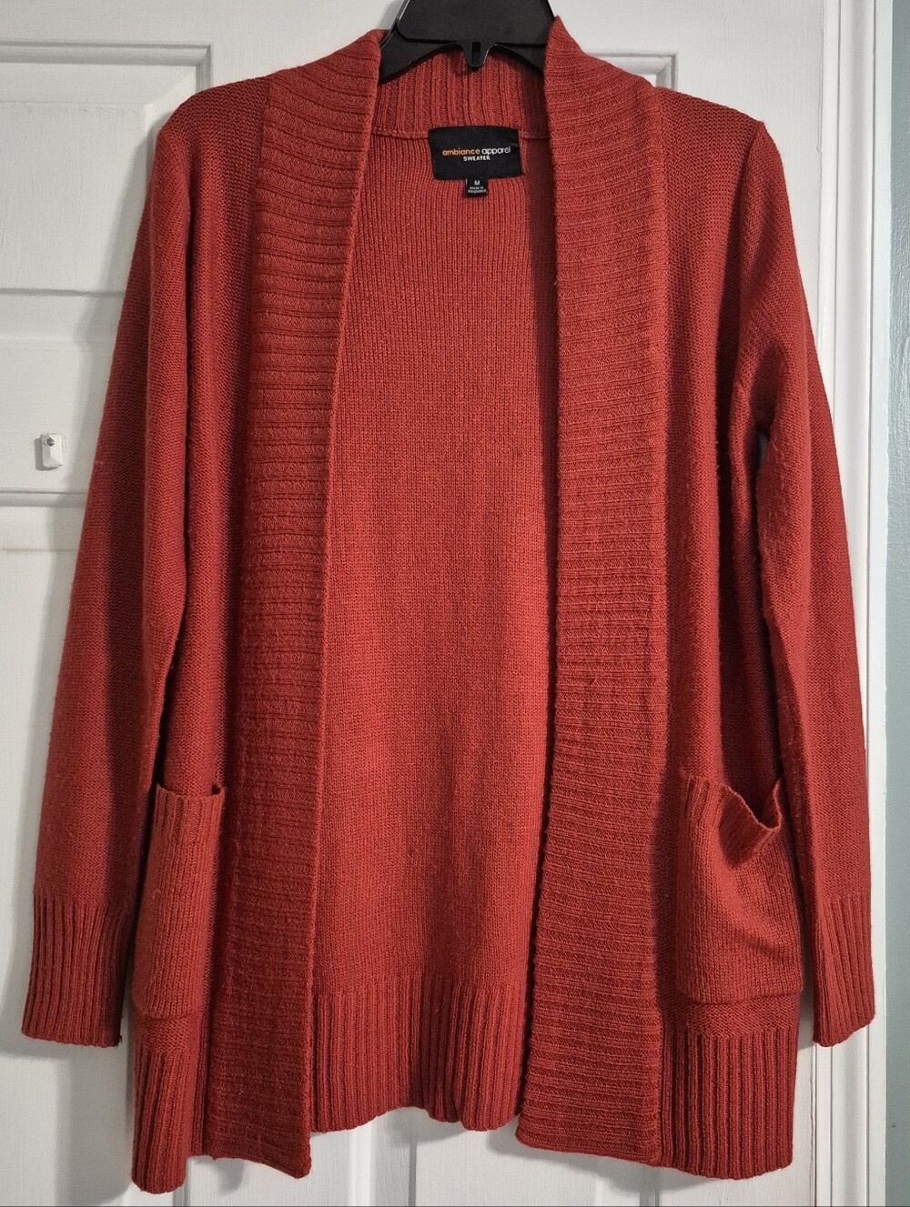Ambiance Brick Red Open-Front Cardigan with Pockets